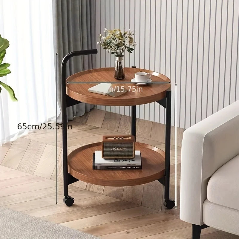 Rollbarer Beistelltisch aus Holz mit zwei Ebenen, rund, 40 cm, für Wohnzimmer und Schlafzimmer, mit Rollen, kompaktes Design, zum Servieren und Aufbewahren | Sansoti