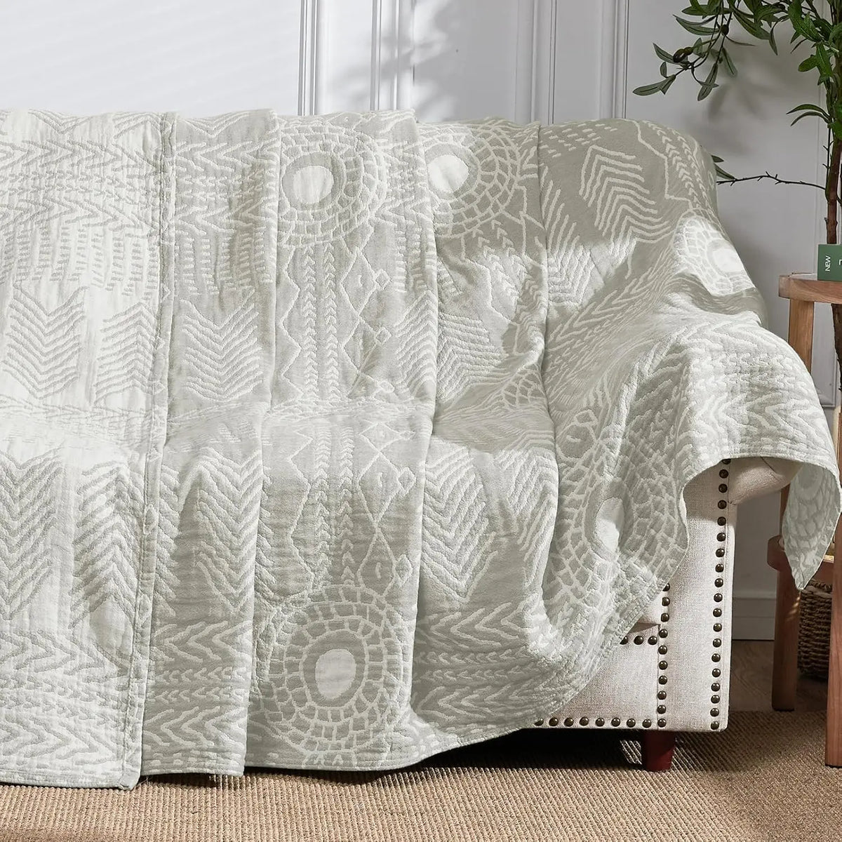 Muslin Throw, Three-Layer Cotton Blanket, Reversible Geometric Pattern, Living Room, Bedroom, Sofa, Bed | Sansoti