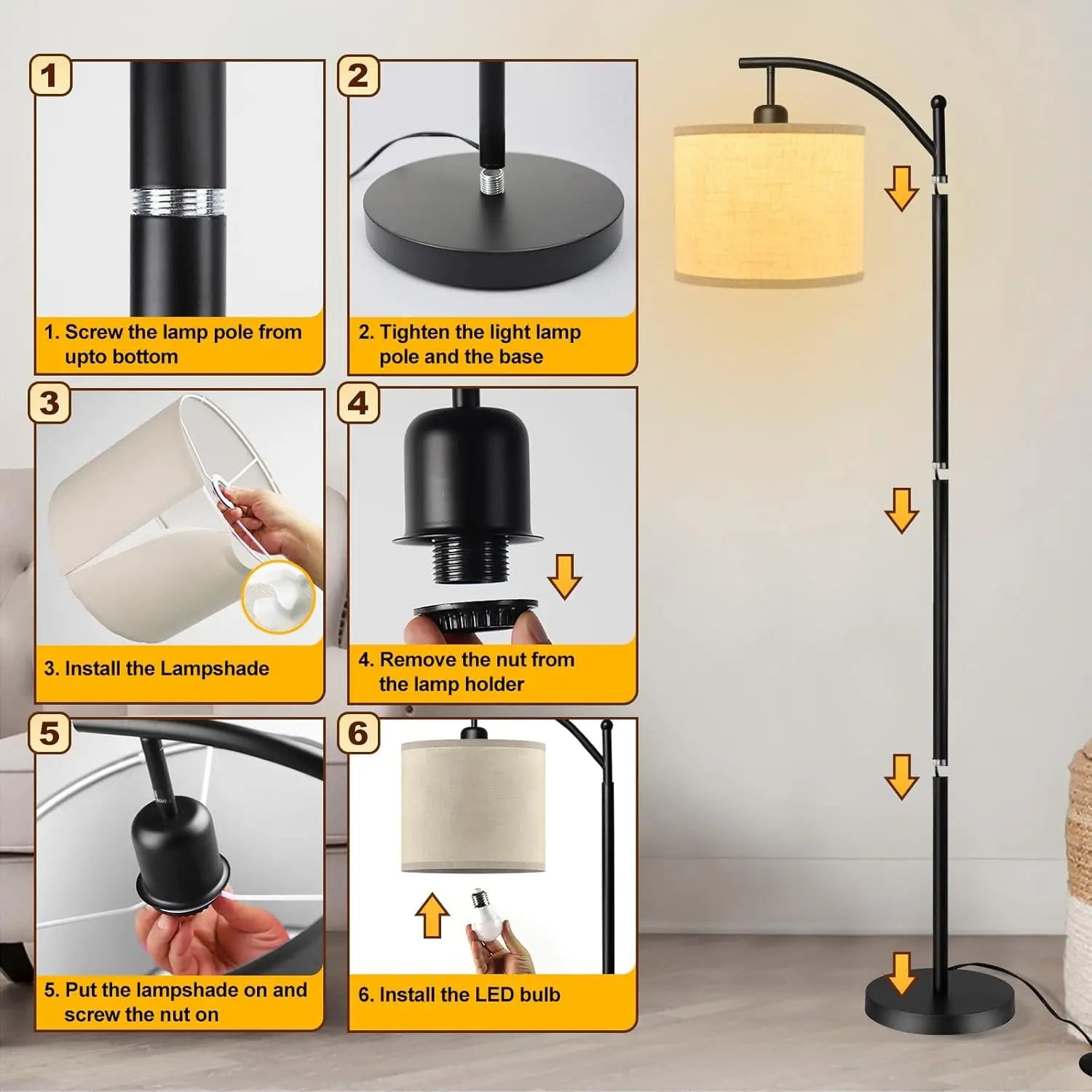 Boog Vloerlamp Met Stoffen Kap 3 Lichtkleuren LED Modern Woonkamer | Sansoti