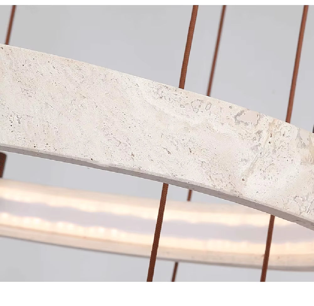 Runde Naturstein-Deckenleuchte aus Travertin, dimmbare LED-Hängeleuchte für Wohnzimmer und Esszimmer, luxuriöses Design-Interieur | Sansoti