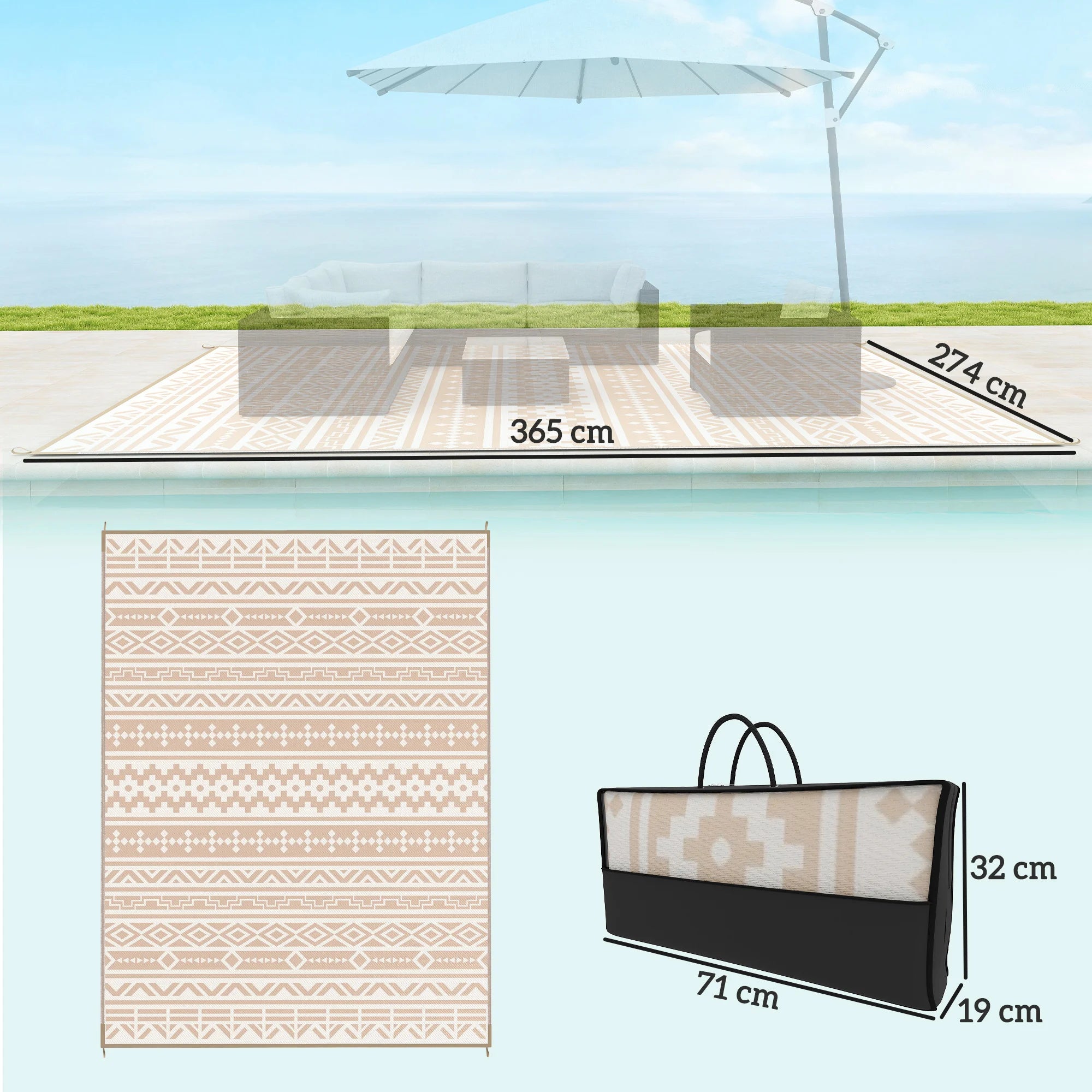 Buitenkleed Omkeerbaar 365x274cm Beige Polypropyleen Tuinkleed Camping Picknick Terras Vloermat Opvouwbaar Transporttas | Sansoti