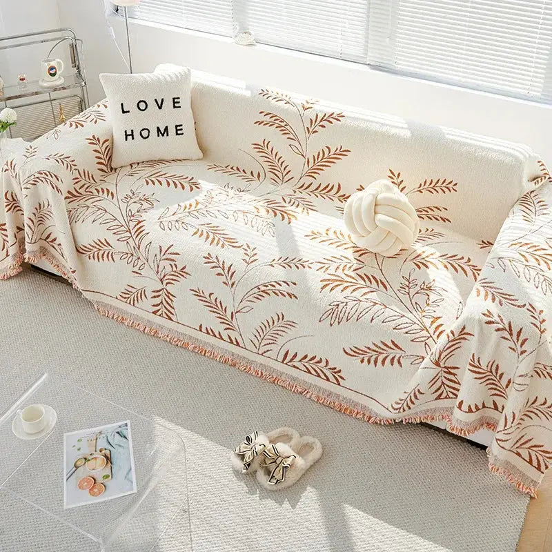 Chenille Jacquard Bankbeschermer met Bladpatroon – Antislip Bankhoes Bescherming | Sansoti