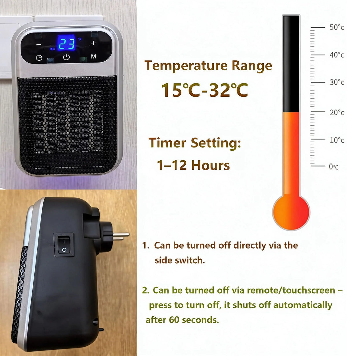 Compact Ceramic Heater 800W with Timer & Thermostat - Energy-Efficient Bathroom Heating for Small Spaces | Sansoti