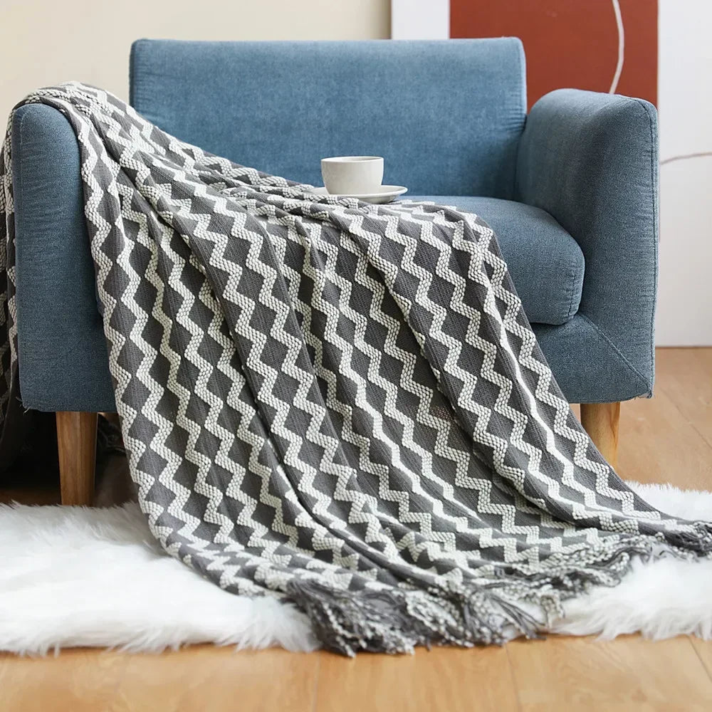 Gestrickte Decke aus Acryl, weich und warm, mit skandinavischem Muster, Sofadecke für Schlafzimmer und Wohnzimmer, dekorative Decke | Sansoti