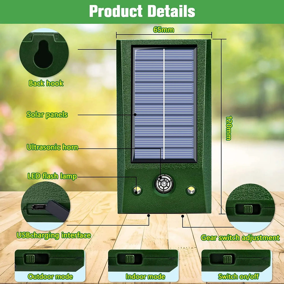 Solar-Powered Ultrasonic Bird Repellent with LED Flash Light and Motion Sensor, 600m² Range, Waterproof | Sansoti