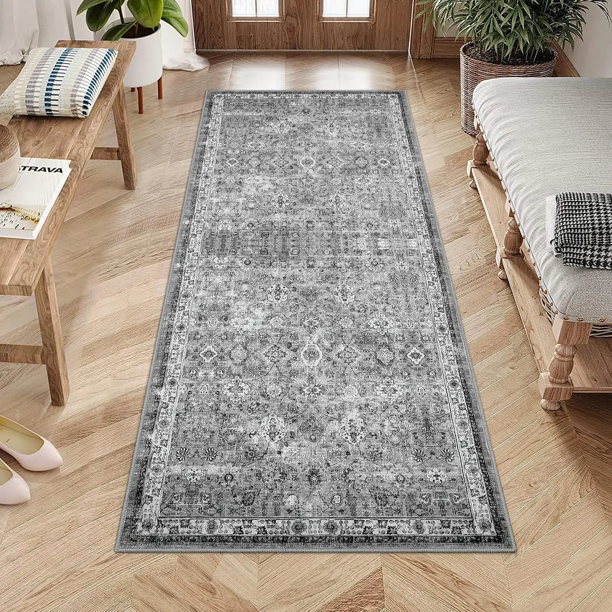 Tapis vintage à poils courts antidérapant lavable gris beige vert style bohème, chemin de tapis pour entrée, chambre et cuisine | Sansoti