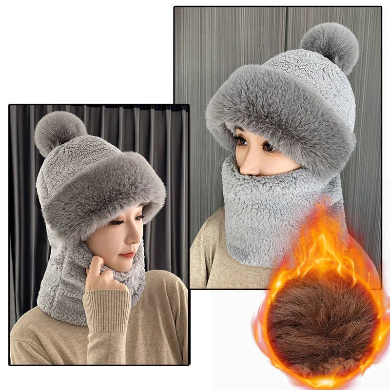 Plüsch Multifunktionale Mützen-Schal-Kombination Winterwarme gestrickte Kopfbedeckung für kaltes Wetter Outdoor-Accessoire | Sansoti