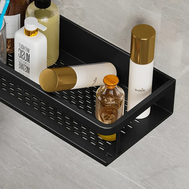 Wandplank Aluminium Douche Zwart Mat - Ventilerend Opbergrek Badkamer Doucheplank voor Shampoo Scheergerei | Sansoti