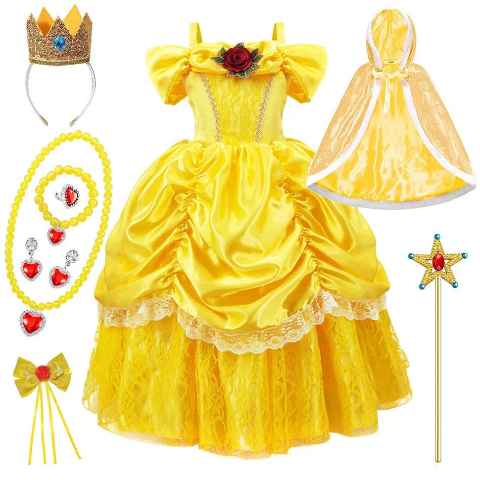 Prinsessenjurk voor Kinderen Cosplay Kostuum met Tiara en Accessoires Geel | Sansoti