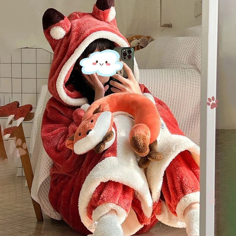 Grenouillère animale à capuche en flanelle chaude, tenue d'intérieur pour adultes, vêtement de détente doux pour se relaxer à la maison | Sansoti