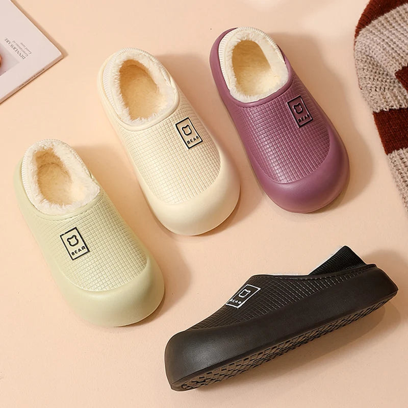 Waterdichte pantoffels met dikke zool pluche voering antislip voor binnen buiten zwart paars unisex comfort | Sansoti