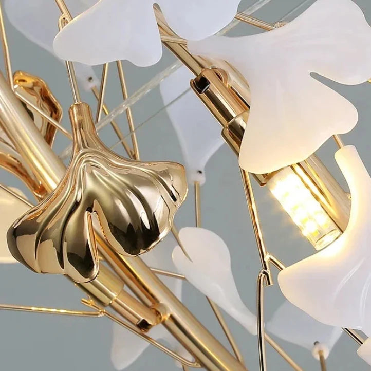 Keramische Hangkroonluchter Ginkgoblad Goudkleurig LED Eetkamer Woonkamer Hal Verstelbare Hoogte 150cm | Sansoti