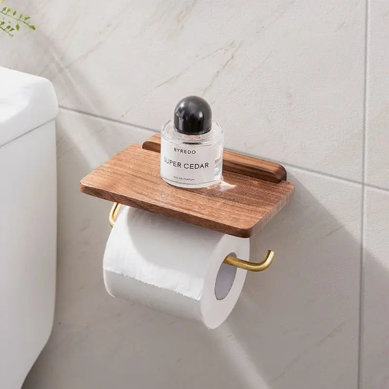 Toiletrolhouder Hout Walnoot Wandmontage Bruin Met Plank Badkamer Toilet Papierhouder Wandrek Minimalistisch Interieur | Sansoti