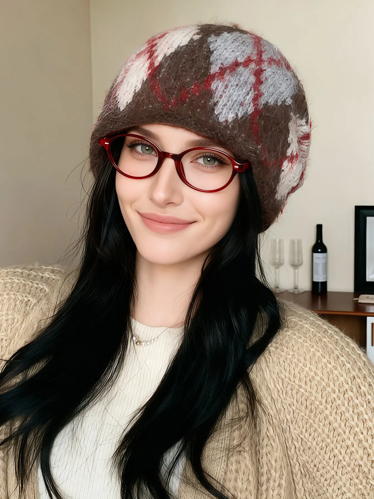Knitted Hat with Ear Flaps Plaid Pattern Unisex Winter Hat Warm Retro Diamond Plaid Wool Headwear Winter | Sansoti