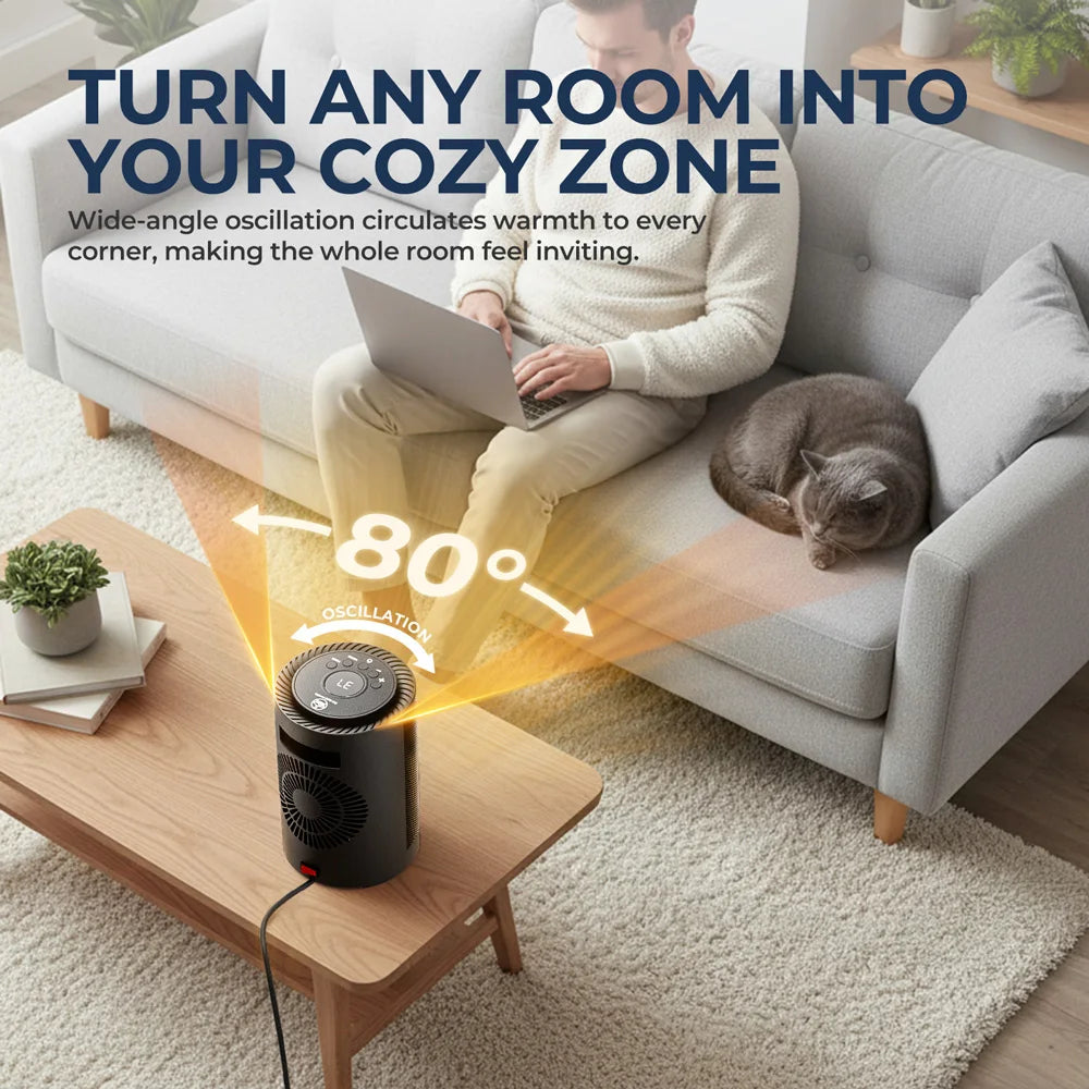 Keramische Kachel 1200W Draagbaar 80° Oscillerend LED Display Timer Oververhittingsbeveiliging Bureau | Sansoti