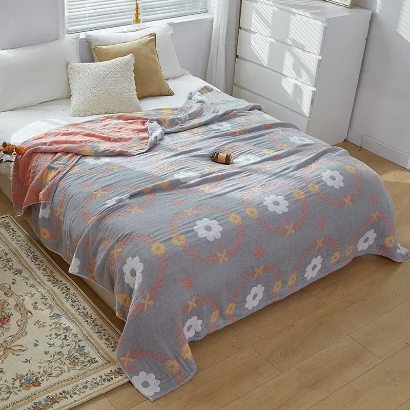 Plaid en mousseline de coton respirant, couverture jacquard pour lit et canapé 150x200 200x230 à motif floral, salon | Sansoti