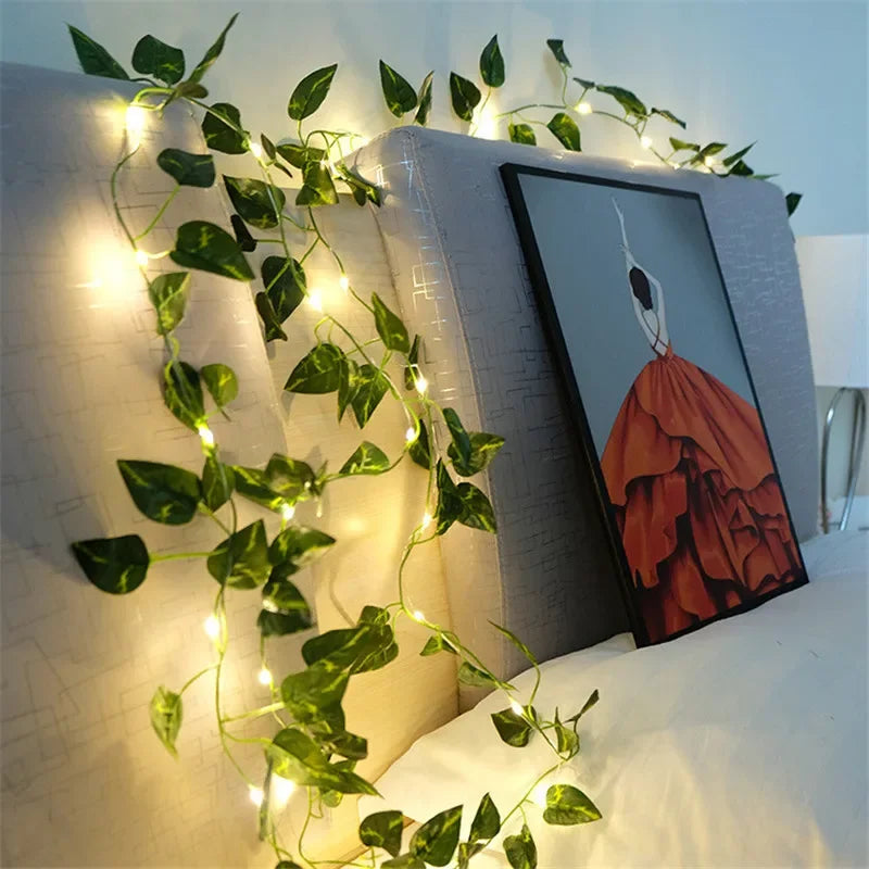 LED String Lights with Artificial Leaves 2-10m Green Vines Battery-Powered Ambient Lighting Decorative Garland Indoor Outdoor | Sansoti