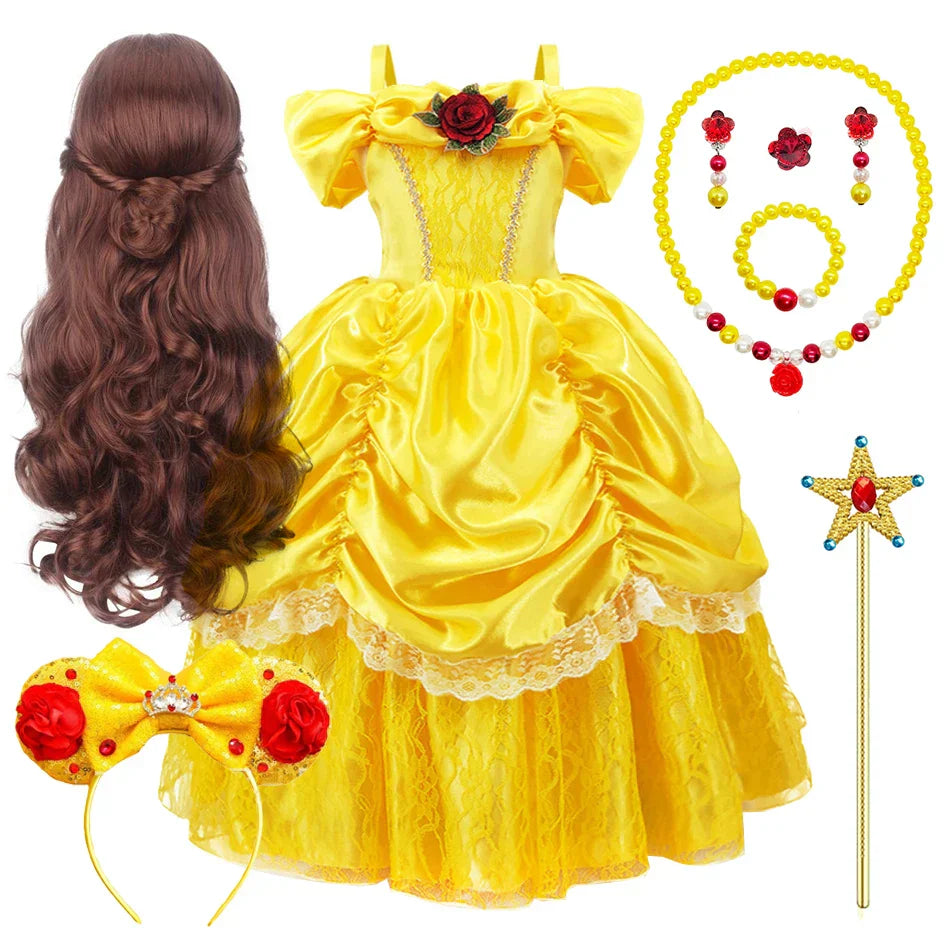 Prinsessenjurk voor Kinderen Cosplay Kostuum met Tiara en Accessoires Geel | Sansoti