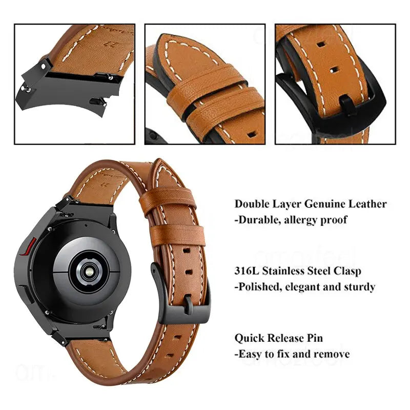 Premium Stainless Steel Leather Watch Band Galaxy Watch 5 40mm 44mm 45mm Pro Adjustable Replaceable Wristband | Sansoti