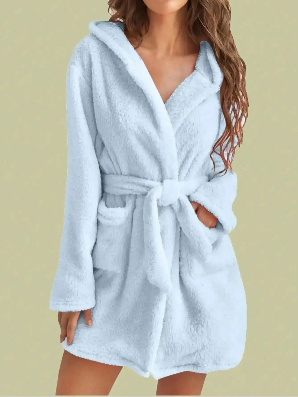 Fleece-Hausmantel für Damen mit Kapuze, Gürtel, knielang, Loungewear, warmer Bademantel, Winter-Hausmantel, Herbst, weicher Morgenmantel | Sansoti