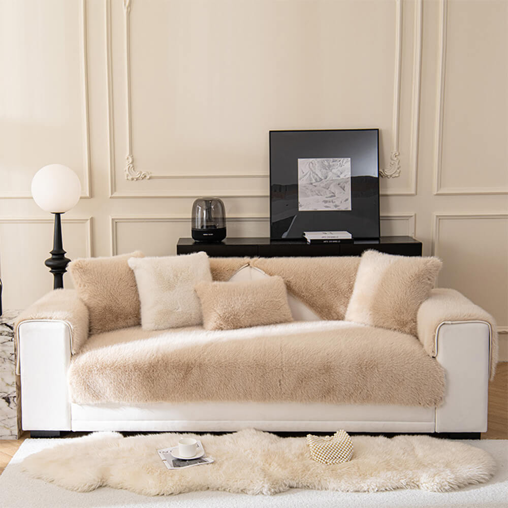 Weicher Sofabezug Rutschfestes Kunstfell Creme Grau Grün Waschbarer Plüschschutz für jedes Sofa | Sansoti