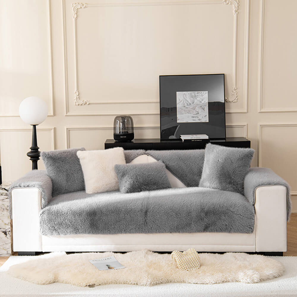 Weicher Sofabezug Rutschfestes Kunstfell Creme Grau Grün Waschbarer Plüschschutz für jedes Sofa | Sansoti
