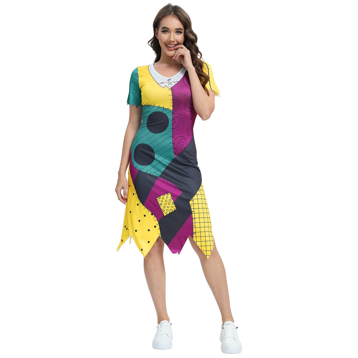 Patchworkowy kostium halloweenowy dla dorosłych z legginsami na karnawał, imprezę i cosplay - strój przebierańca, upiorny | Sansoti