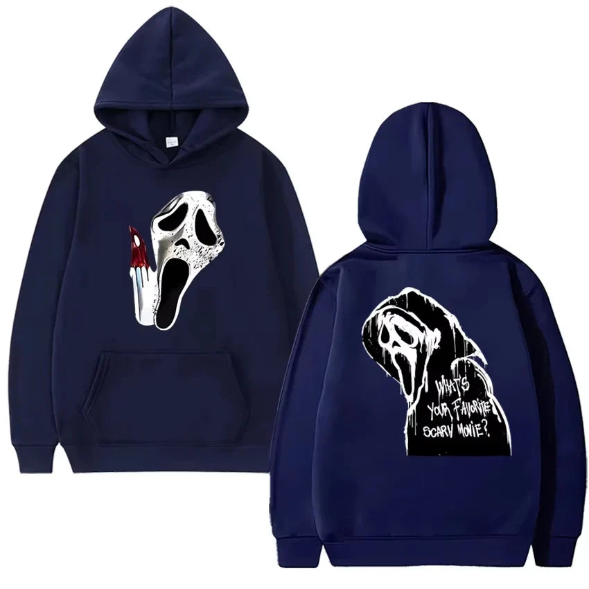 Gothic Hoodie with Double-Sided Print Unisex Fleece Streetwear Black White Gray Hooded Sweatshirt Urban Style | Sansoti