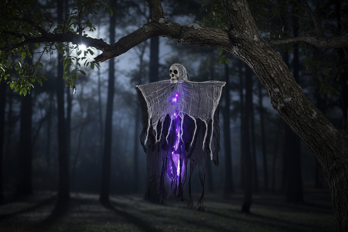 Light-Up Hanging Ghost with Skull and Mesh for Halloween Garden Porch Party Spooky Atmosphere Outdoor | Sansoti