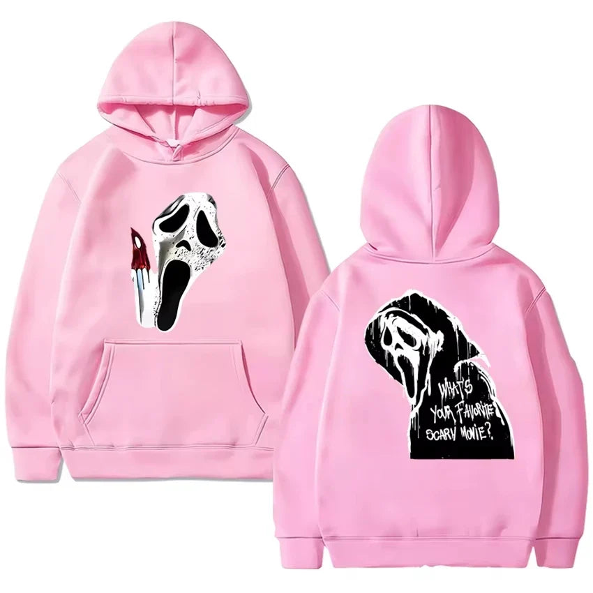 Gothic Hoodie with Double-Sided Print Unisex Fleece Streetwear Black White Gray Hooded Sweatshirt Urban Style | Sansoti