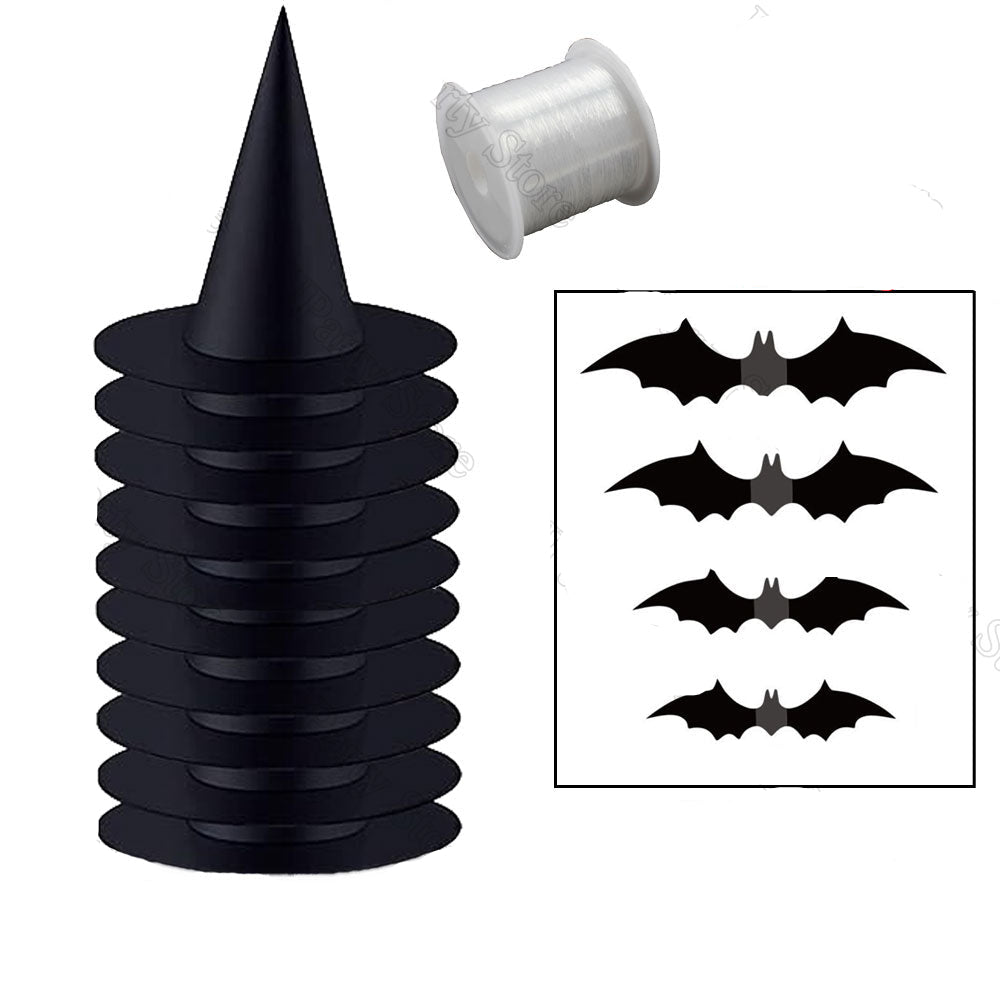 Black Witch Hat Set of 12 with Hanging Cord Halloween Decoration Party Decorations for Indoor and Outdoor Use | Sansoti