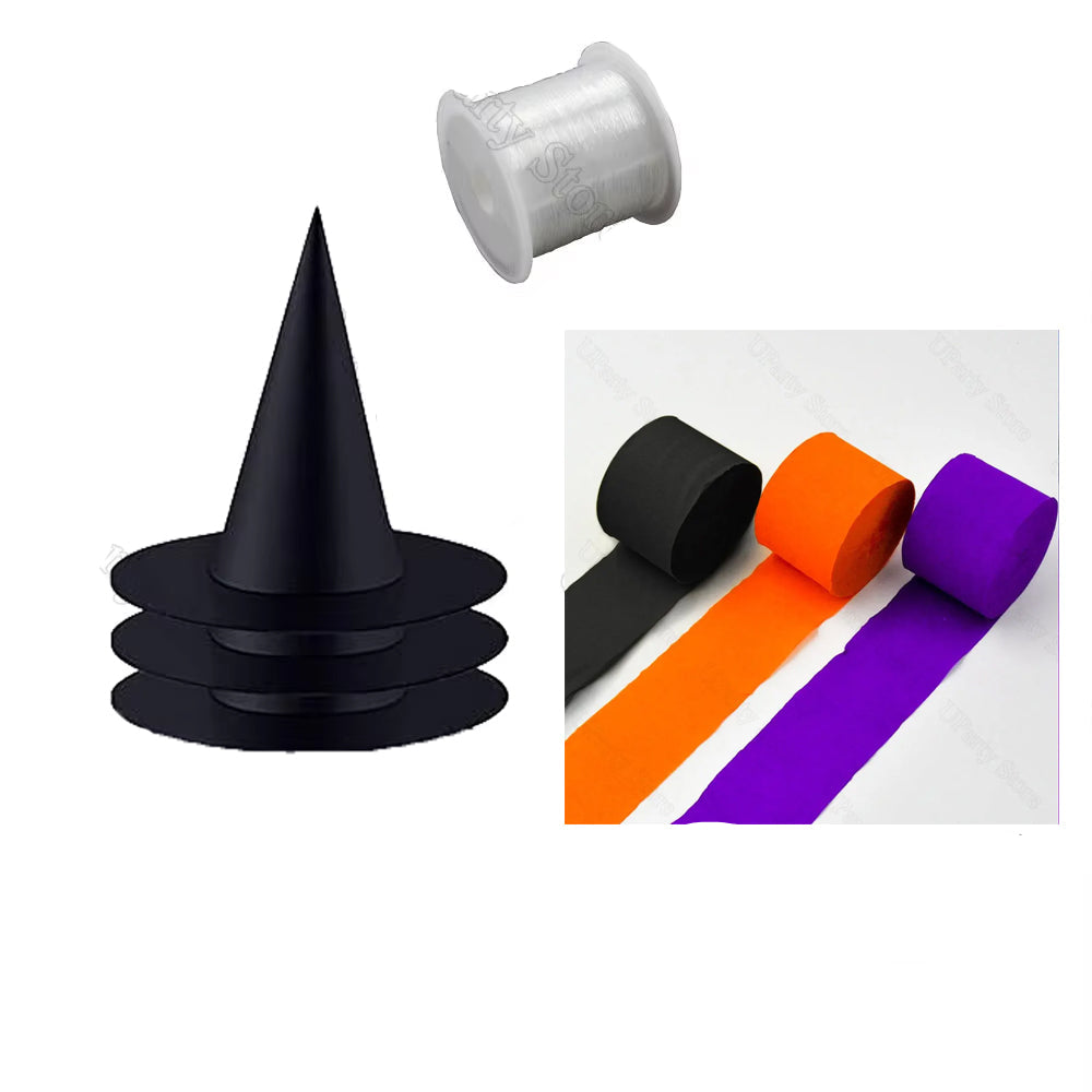 Black Witch Hat Set of 12 with Hanging Cord Halloween Decoration Party Decorations for Indoor and Outdoor Use | Sansoti