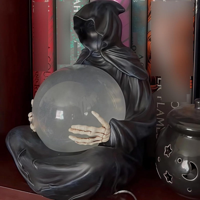 Décoration mystique avec boule de cristal et Faucheuse, figurine de table gothique pour Halloween, ambiance fantomatique lumineuse, décoration d’horreur | Sansoti
