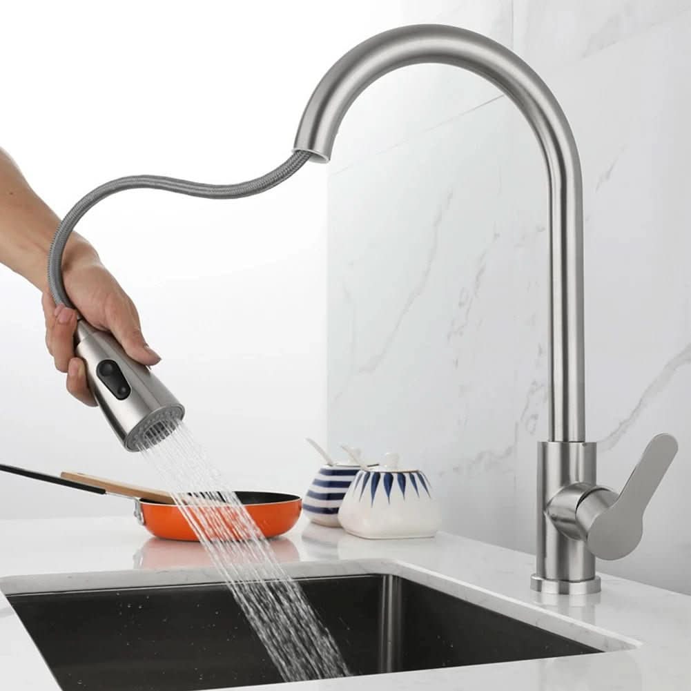 Ausziehbare Küchenarmatur mit flexiblem Duschkopf, 360°-Drehung und Edelstahl-Mischbatterie für Spüle und Waschbecken | Sansoti
