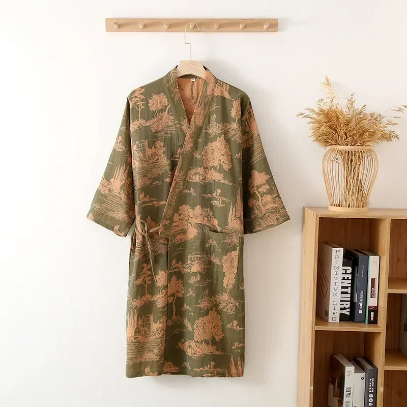 Katoenen Kimono Ochtendjas voor Mannen Lange Badjas Lichtgewicht Huisjas met V-hals Bedrukt Katoen Loungewear | Sansoti