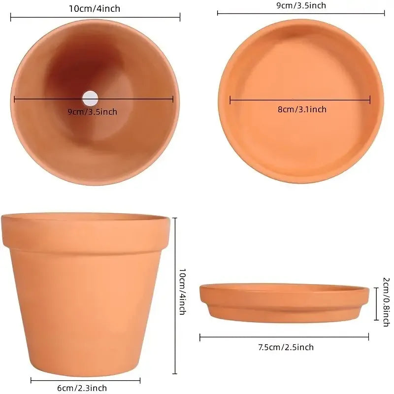 Set aus 4 Terrakotta-Blumentöpfen, 10 cm, mit Untersetzer und Drainageloch, dekorative Keramik für drinnen und draußen | Sansoti