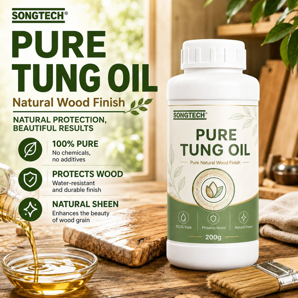 Snijplankolie - 100% Pure Tungolie 200g Natuurlijke Houtafwerkingolie voor Meubels, Snijplanken, Vloeren, Buitenhoutonderhoud en -bescherming