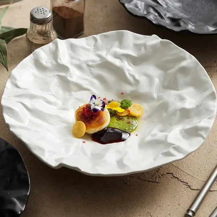 Keramische Schaal met Getijdenrimpel Effect Wit Zwart Coastal Servies 23cm 28cm | Sansoti