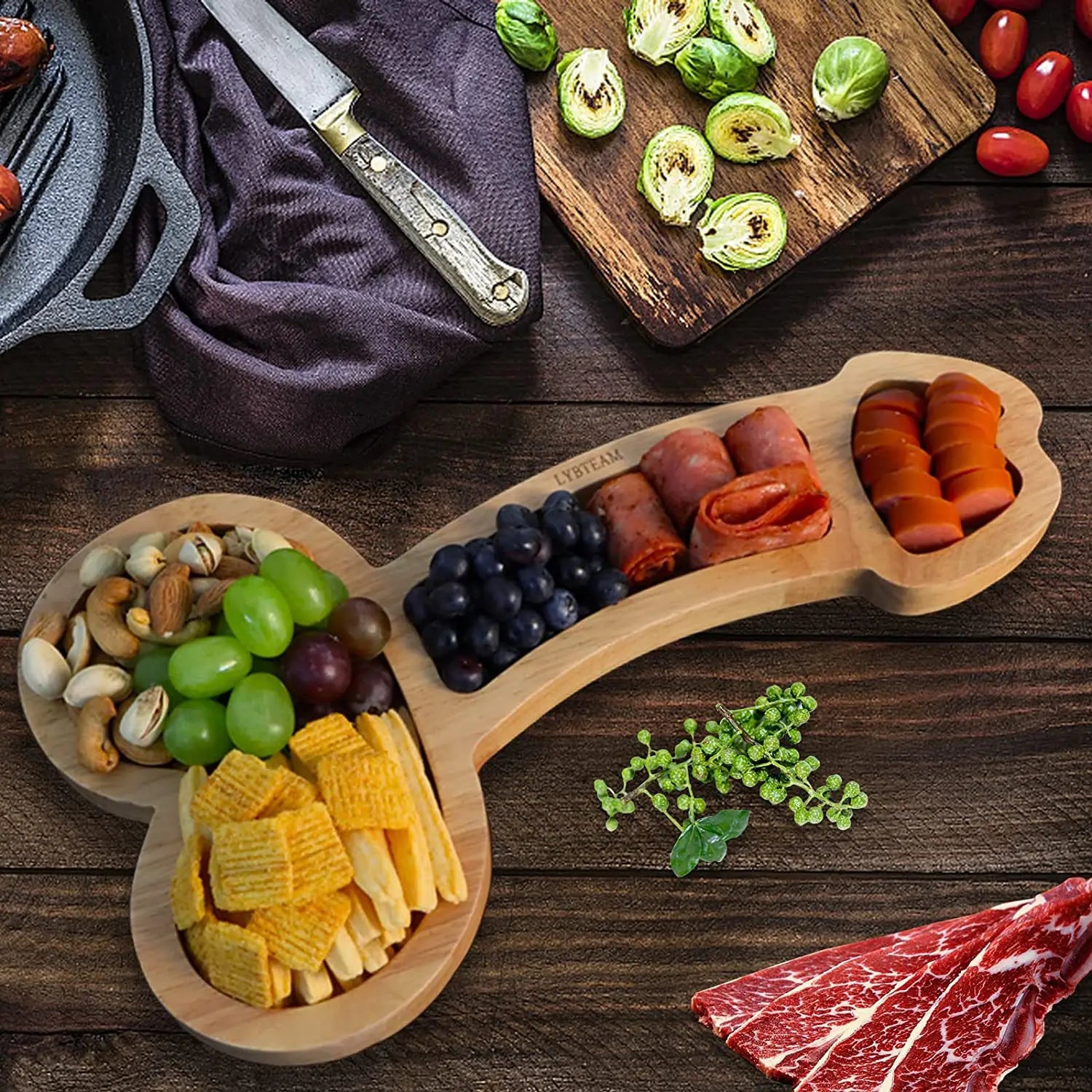 Multi-Compartment Dark Wood Serving Board – Practical Snack Board with Multiple Sections for Appetizers & Dips | Sansoti