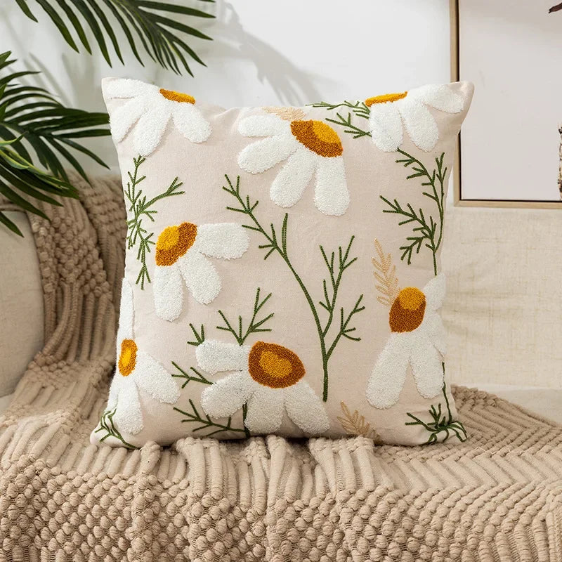 Kussenhoes 45x45cm Katoen Canvas Geborduurd Bloemen Wit Sierkussenhoes Bank Slaapkamer Landelijke Stijl Decoratief | Sansoti