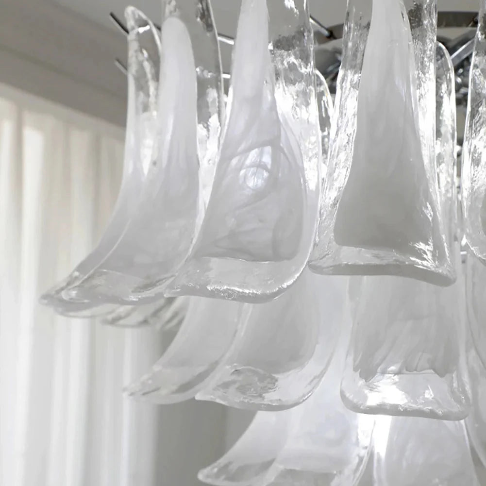 Glas-Kronleuchter im Blütenblätter-Design, dimmbare LED-Beleuchtung, Flur, Wohnzimmer, Esszimmer, Gold, Chrom, Pendelleuchte | Sansoti