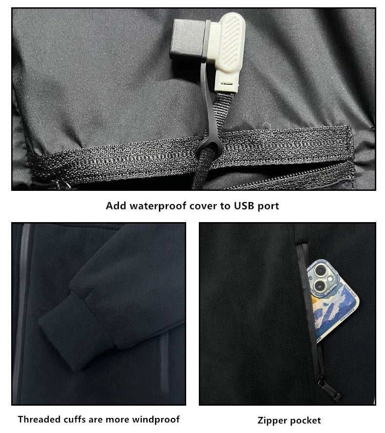 Beheizte Winterjacke mit 8 Wärmezonen, Fleece, Unisex, beheizbare Thermojacke mit USB, Outdoorjacke zum Skifahren | Sansoti