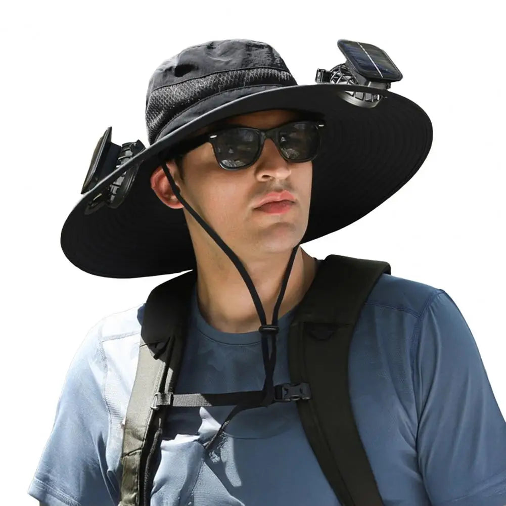 Sonnenhut mit Solarpanel und Ventilator, breite Krempe, UPF 50 UV-Schutz zum Wandern, Angeln, für den Garten und Camping im Freien | Sansoti