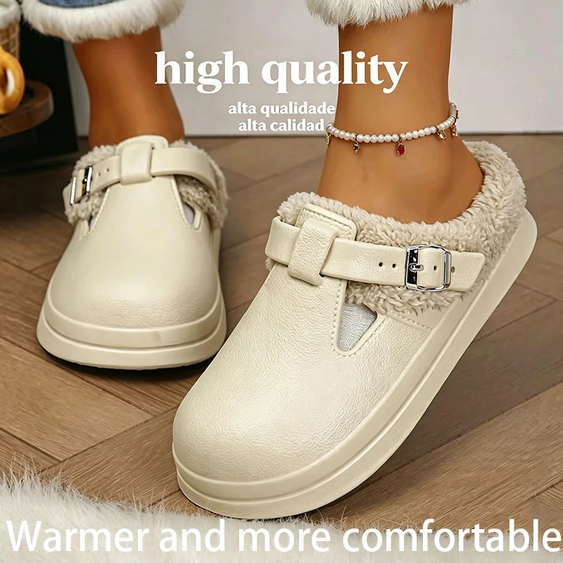 Warme Pantoffels met Pluche Voering Dames Winterslippers Indoor EVA Antislip Zool Metalen Gesp Comfort | Sansoti