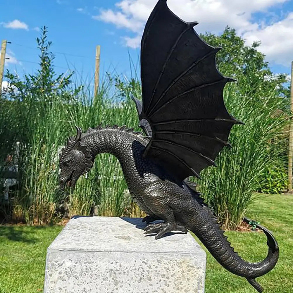 Drache Springbrunnen Gartenfigur Harz 35cm Bronze Wasserspeiender Drache Garten Skulptur Teich Terrasse Außendekoration Ornament | Restfield