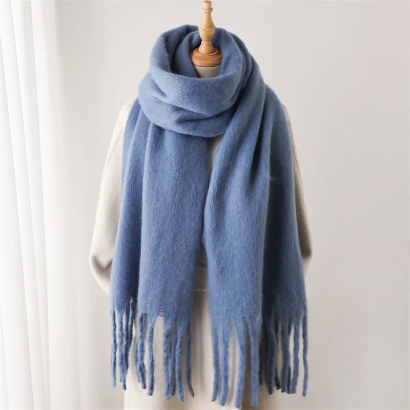 Warm Women's Winter Scarf 240x38cm Thick Wool-Look Shawl with Fringes Soft Knitted Scarf for Cold Weather | Sansoti