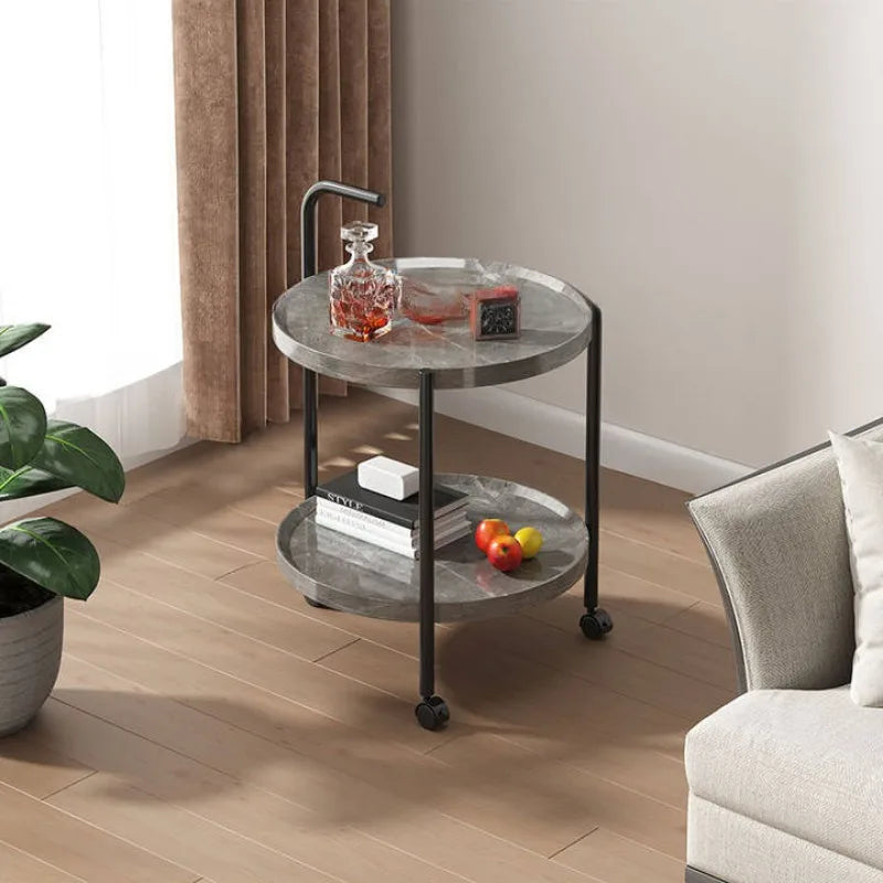 Rollbarer Beistelltisch aus Holz mit zwei Ebenen, rund, 40 cm, für Wohnzimmer und Schlafzimmer, mit Rollen, kompaktes Design, zum Servieren und Aufbewahren | Sansoti