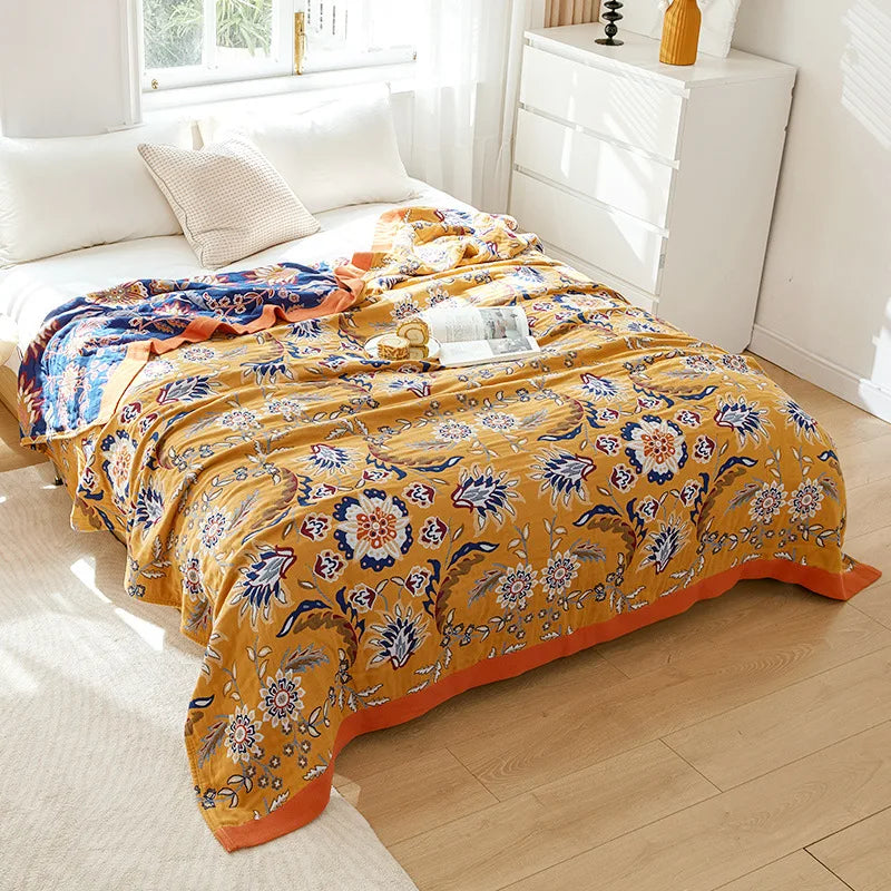 Baumwoll-Sommerdecke, garngefärbt, mit Blumenmuster, für Doppelbett, Landhausstil, leicht und atmungsaktiv | Sansoti