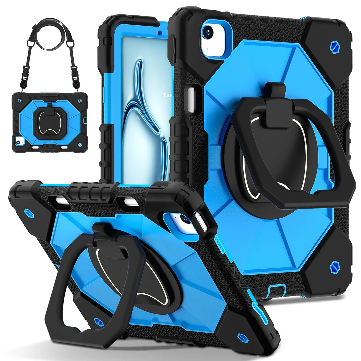 Rugged iPad Case with Ring Grip Three-Layer Protection Kickstand Shoulder Strap Screen Protector Black Orange | Sansoti