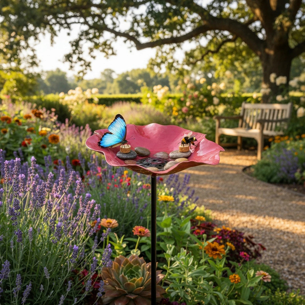 Metal Birdbath Garden Stake with Flower Design Drinking Bowl for Pollinators Weather-Resistant Garden Decoration | Sansoti